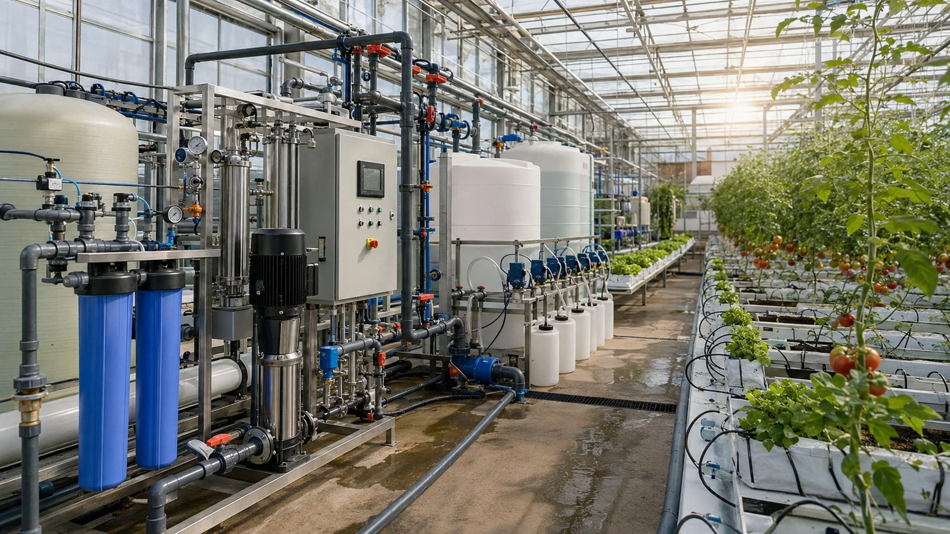 RO water treatment and fertigation equipment installed inside a greenhouse